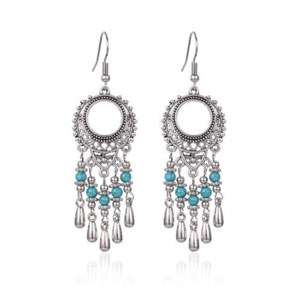 9283 Boho Handmade Vintage Turquoise Earrings Dangling Silver Bohemian